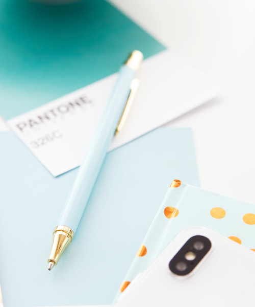 Teal Pantone Color Swatch with Coordinating Pen, Notebook, and Phone Case