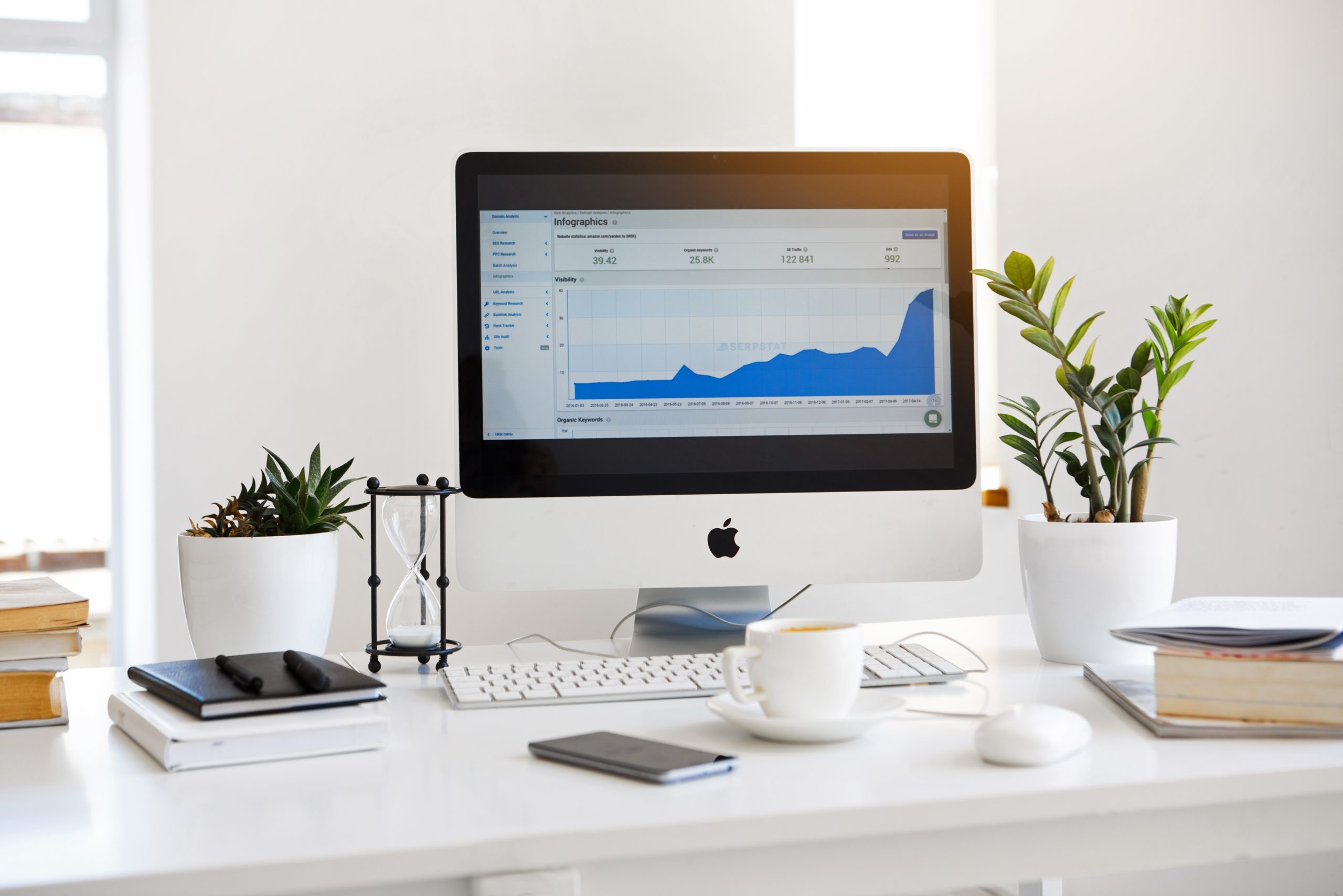 Analytics Tool on iMac Screen, Located on Top of White Desk