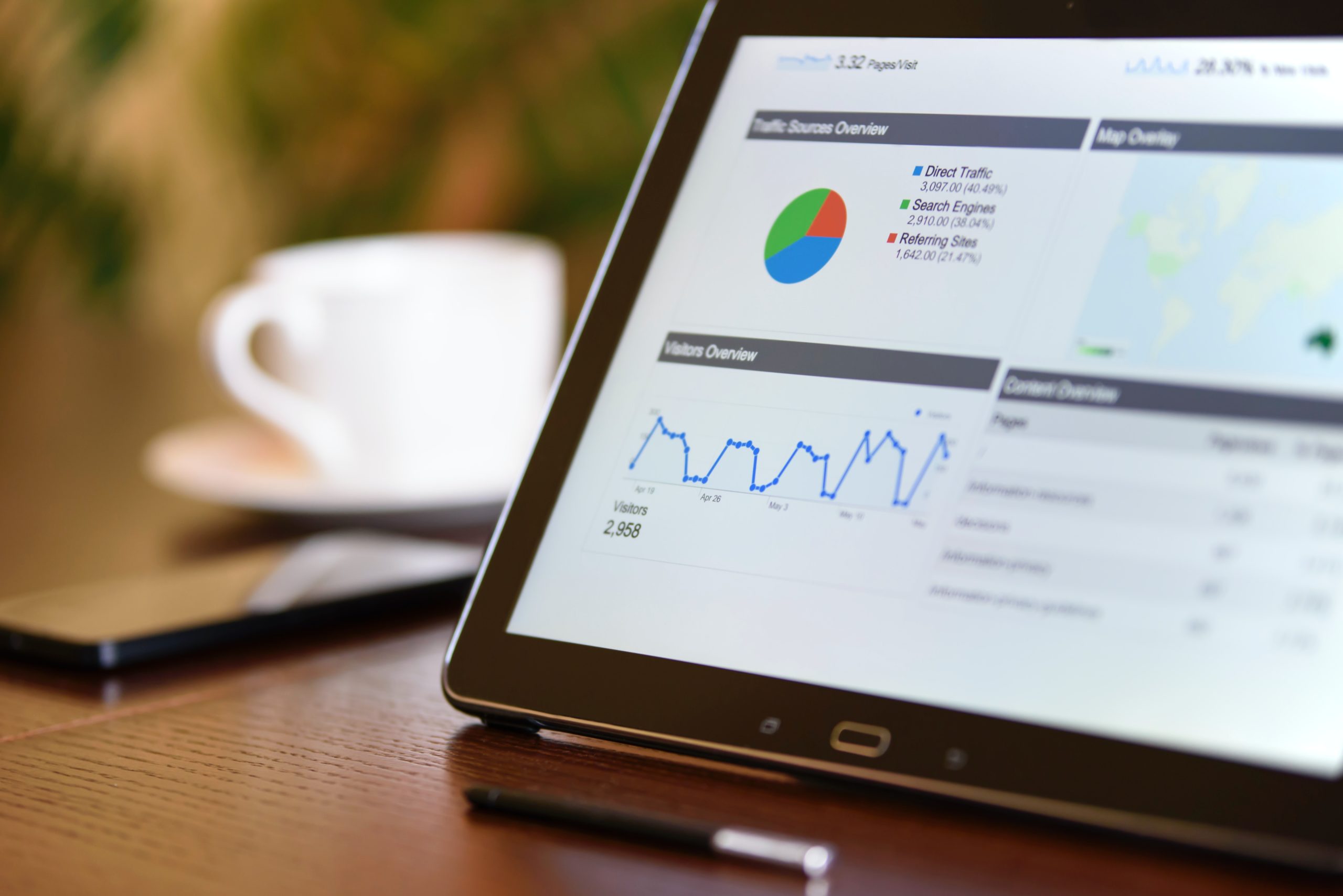 SEO Analytics Charts and Reports on Tablet Screen