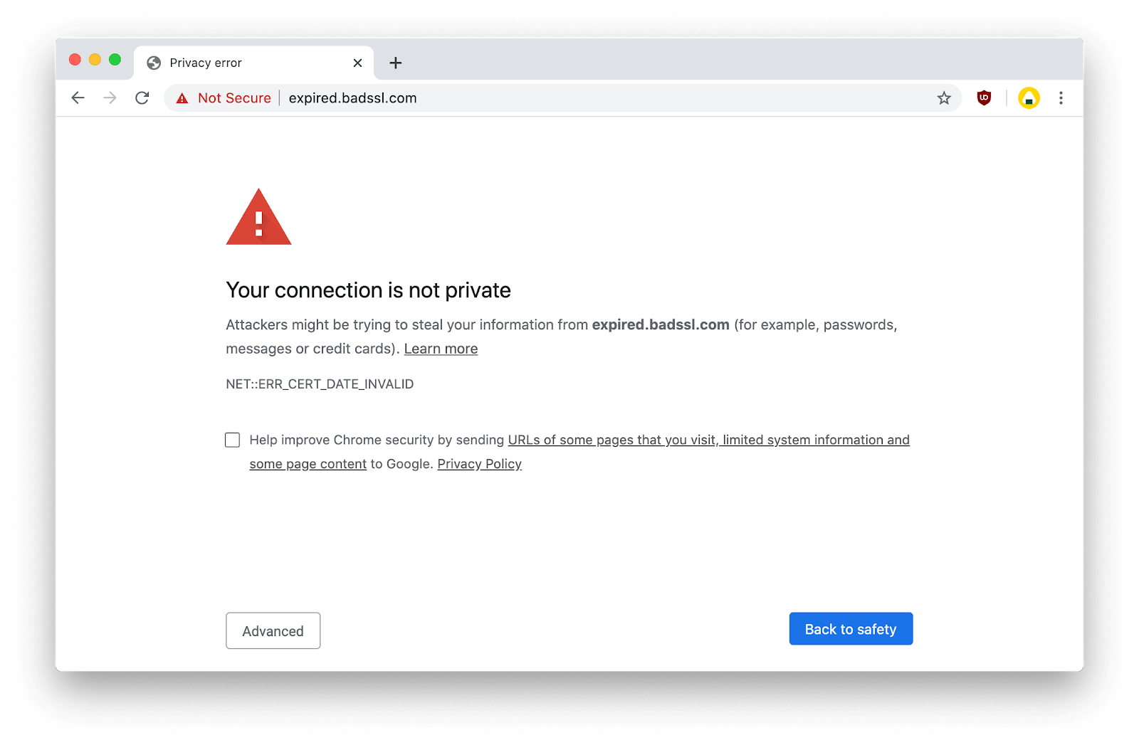 Google Chrome Window with "Your Connection is not Private" SSL Warning