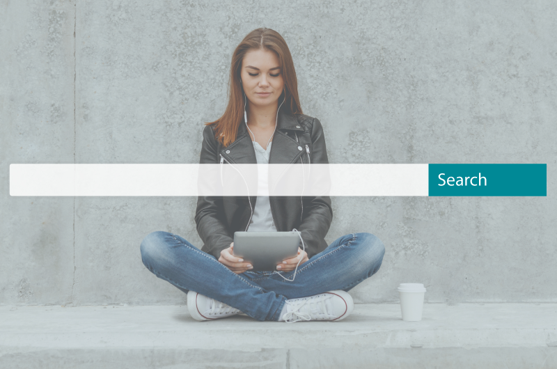 Woman Sitting on Cement Ground with Search Bar