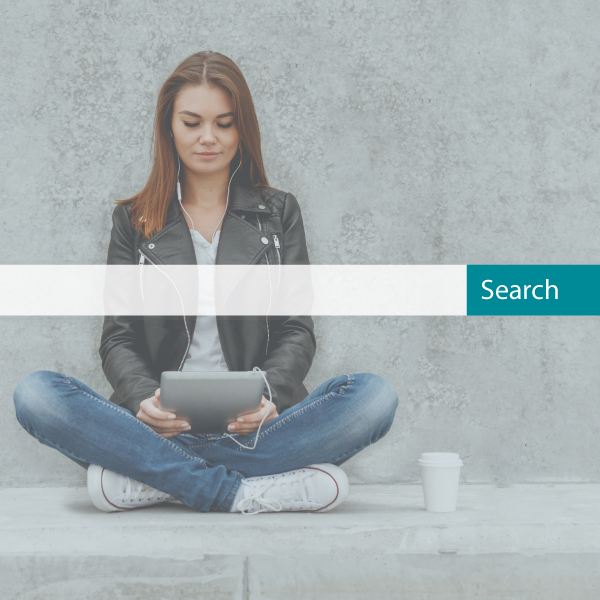 Woman Sitting on Cement Ground Holding Tablet, with Search Bar