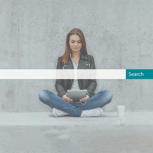 Woman Sitting on Cement Ground with Search Bar