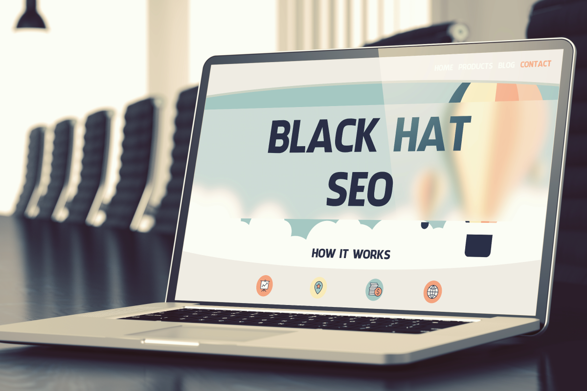 Laptop Screen with "Black Hat SEO" in large font