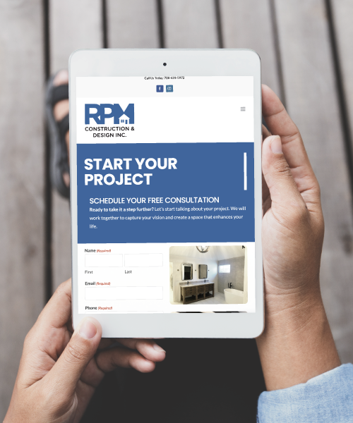 RPM Construction & Design Website on Tablet Screen