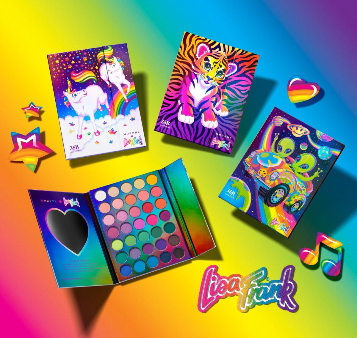 Flatlay of Lisa Frank and Morphe Makeup Collection