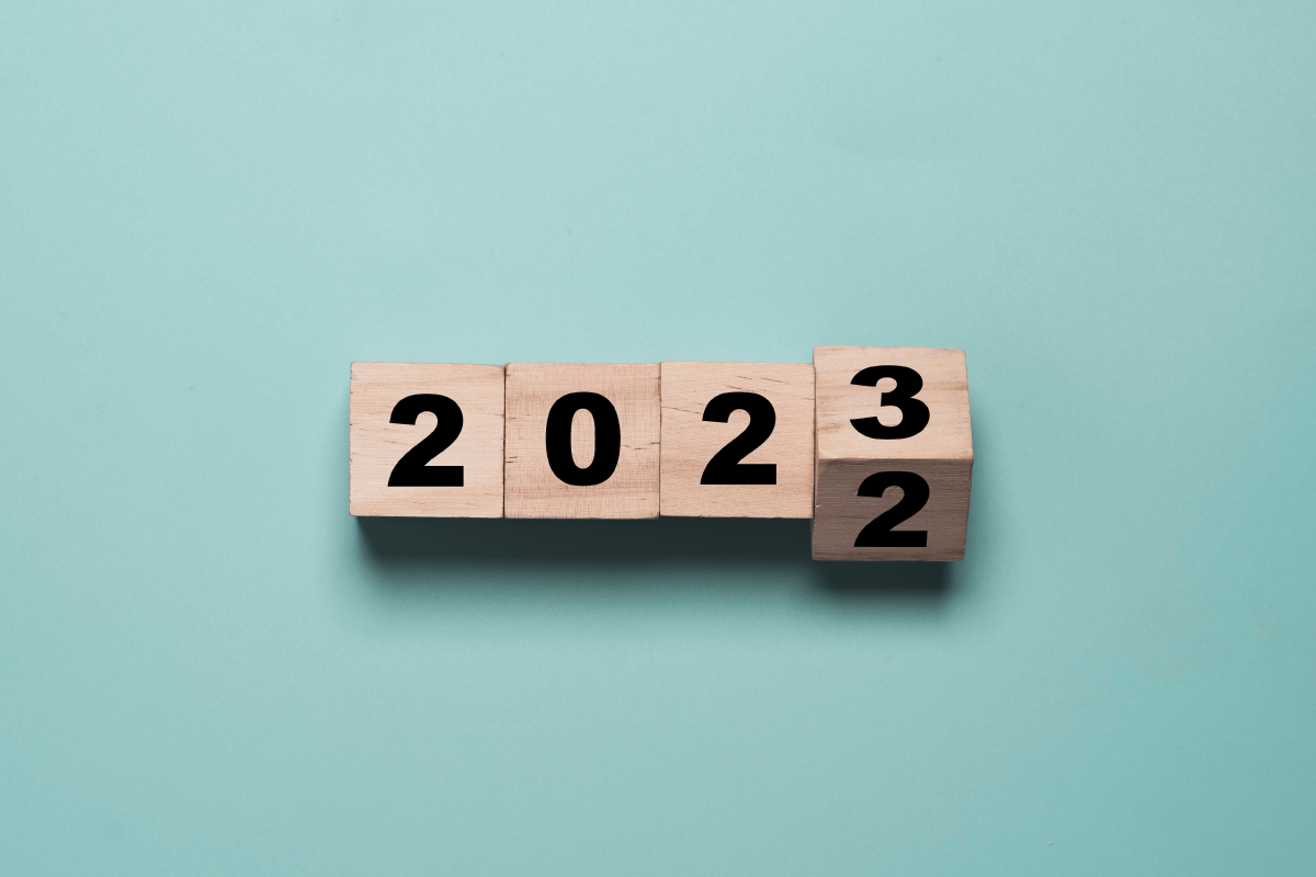 2022 on Wooden Blocks on Aqua Background